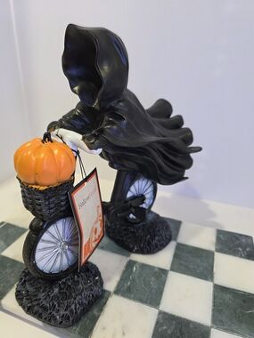 New! Grim Reaper Riding Bicycle Figurine with Pumpkin Basket. Viral